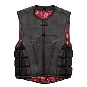 Mens Genuine Leather Motorcycle Biker <b>Vest</b> with Red Paisley Lining Adjustable Side Straps <b>Utility</b> Pockets and Custom OEM Design - Product Image 1