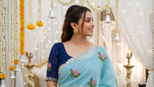 Sari de Rayón Azul Claro con Bordado Floral y Borde Plateado, Traje Tradicional de Boda para Mujer, Estilo India-Pakistán, Largo hasta el Suelo - Product Image 3