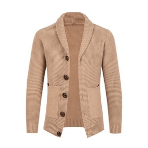 <b>Men's</b> Waffle‑Knit Shawl Collar <b>Cardigan</b> Soft Acrylic Polyester Nylon Tri-Blend Button‑Up Sweater with Front Pockets for Autumn - Product Image 2