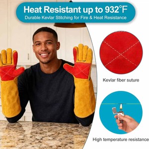 Gun Palm Cowhide Split Leather Welding Gloves Long Cuff Heavy Duty Abrasion Resistant Flame Retardant Barbeque Gloves - Product Image 3