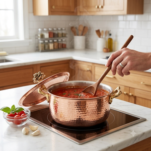 Casserole de cuisson de luxe en cuivre avec couvercle, poignée en laiton, fait main, plat de service pour table à manger, maison, hôtel, restaurant, décoration - Product Image 3