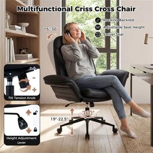 Chaise de bureau pivotante en cuir anti-griffures pour gamer, avec accoudoirs réglables en 5 positions, design croisé et poches latérales - Product Image 6