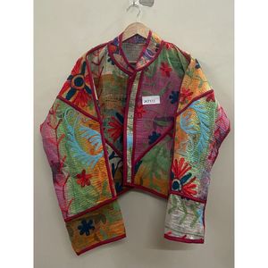 Vestes courtes brodées à la main avec motifs floraux Kantha, col mandarin, manches trois quarts, veste courte pour femmes, vêtements de printemps - Product Image 1