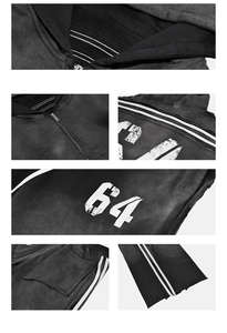 Ensemble survêtement streetwear délavé à l'acide avec logo personnalisé, pantalon de survêtement oversize en coton épais à jambe large et sweat à capuche zippé - Product Image 2