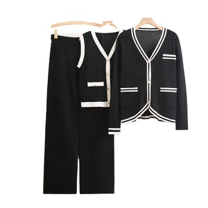 Ensemble 3 pièces tricoté pour femme : Cardigan col en V, pantalon, tenue décontractée d'hiver, manches longues, couleur unie, anti-boulochage, coupe classique, 100 % - Product Image 1
