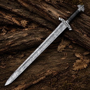 Couteau Bowie en acier Damas de 28 pouces, lame fixe de qualité industrielle à pointe clip et bord droit, avec étui noir et incrustation argentée - Product Image 4