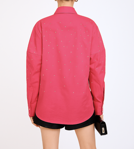 Camisa de Mujer con Botones y Estampado de Lunares Rosas, Manga Larga, Corte Holgado, Informal, para Uso Diario, Blusa de Popelina Tejida con Botones Decorativos - Product Image 3