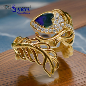 Luxury Blue Enamel Heart <b>Ring</b> <b>Gold</b> Plated 925 Sterling Silver Moissanite Accent Leaf Design Statement <b>Cocktail</b> Jewelry for Women - Product Image 3