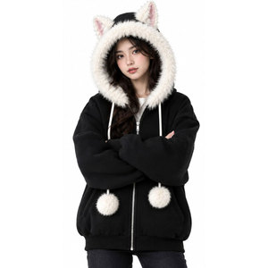 Sweat-shirt à capuche noir 2027 avec doublure en fausse fourrure, oreilles de chat, pour femme, hiver, chaud, surdimensionné - Product Image 2