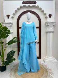 Conjunto de diseñador con top de georgette sintético con bordado intrincado, lentejuelas y calado, pantalón palazzo de corte bootcut y dupatta cosida. - Product Image 5