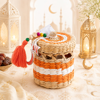 Panier-cadeau en bambou tissé de qualité supérieure avec couvercle et design à pompon, boîte-cadeau en bambou pour le Ramadan et l'Aïd, décoration islamique pour la maison, décoration de table