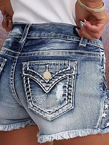 Shorts de Mezclilla Desgastados de Cintura Media para Mujer, con Dobladillo Deshilachado, Cierre con Cordón, Transpirables, 100% Algodón, Estilo Deportivo, Logotipo Personalizado - Product Image 6