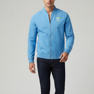 Veste en coton bleu clair pour homme, couleur unie, fermeture éclair, col montant, style décontracté, vêtement d'hiver, logo frontal, doublure polaire - Product Image 2