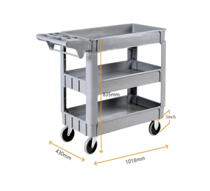 Chariot utilitaire industriel robuste en plastique à quatre roues, plateforme à 3 niveaux, capacité de 500 lb, équipement OEM - Product Image 1
