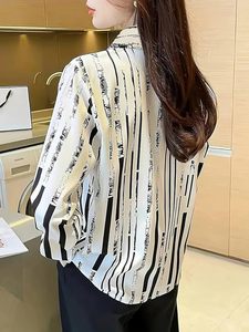 Camisa de Mujer a Rayas con Botones, Manga Tres Cuartos, Cuello Camisero, Blusa de Oficina, Primavera Verano, Corte Regular, Popelina Estampada - Product Image 3
