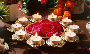 Juego de bandejas decorativas de latón estilo Art Deco para Diwali y Ramadán con 9 lámparas de aceite, diseño redondo artesanal tradicional para uso festivo - Product Image 6