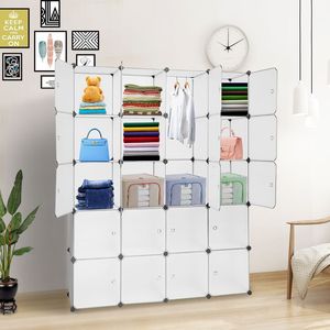 Organizzatore a Cubi Bianco Impilabile a 20 Scomparti, Armadio Modulare Multifunzionale con Asta Appendiabiti, Guardaroba Portatile - Product Image 2