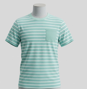 เสื้อยืดลายทางผู้ชาย พิมพ์โลโก้ได้ ผ้าฝ้าย 100% สีเขียวอมฟ้าและสีขาว ลายทางแนวนอน คอกลม สไตล์สตรีทแวร์ ลำลอง แขนสั้น - Product Image 1