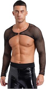 Custom Men's <b>Fishnet</b> Mesh Crop Top Long Sleeve Hollow Out See Through Muscle Shrug Cover up 100% Polyester Casual - Product Image 3