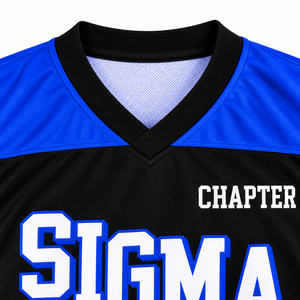 Maillot de hockey à manches longues pour homme Sigma Chapter, blanc et bleu roi, col en V, rayé, chemise de sport, uniforme d'équipe de fraternité personnalisé - Product Image 6