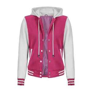Chaqueta Varsity con Capucha en Bloques de Color Rosa y Blanco, Unisex, Informal, para Otoño, Largo Regular, Material de Poliéster Tejido - Product Image 3