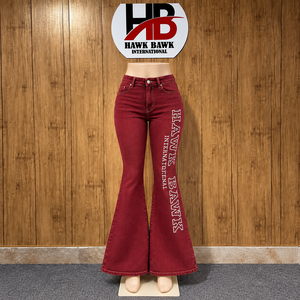Jean évasé en denim pour femme, coupe large, jambe évasée, ourlet évasé, confortable, longueur intégrale, imprimé lettres bordeaux, style décontracté et tendance - Product Image 1