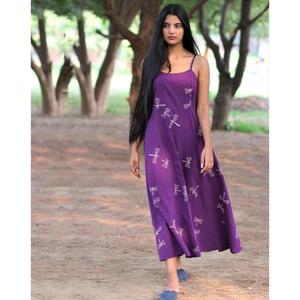 Vestido Mini Morado de Tirantes Finos para Mujer, Cuello en V, Manga Abullonada, Algodón Ecológico, Casual, Verano - Product Image 2