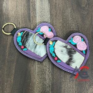 Handcrafted Hair on Cowhide Tooled <b>Leather</b> Heart Shape <b>Key</b> <b>Chain</b> Customized Coin Holder Pink Roses Design <b>Key</b> Ring Gift for Girl - Product Image 1