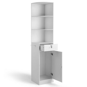 Mobiletto Angolare da Salone a 1 Anta e 1 Cassetto, 3 Ripiani, 190,5 cm (H), Bianco Opaco, in Truciolato Grado E0 da 15 mm, Mobile Contenitore Multiuso - Product Image 1