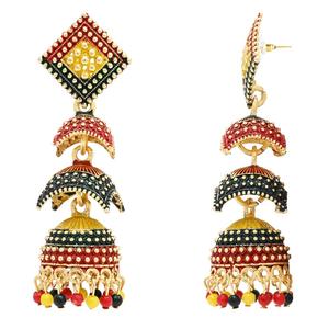 Boucles d'oreilles pendantes Jhumka plaquées or 24 carats multicolores avec motif Meenakari - Product Image 2