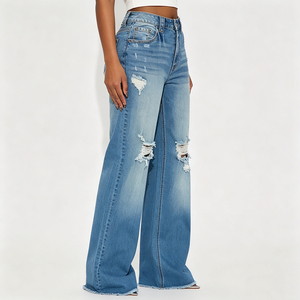 Jean baggy décontracté pour femme en denim déchiré et vieilli, coupe oversize, ultra-doux, respirant, écologique, avec perles, tissu de qualité supérieure - Product Image 3