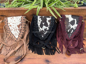 Venta caliente Western Real Hair on Suede Leather Bohemian Fringe Crossbody Bags para mujeres Custom Genuine Leather Hand Stitch Purse - Product Image 3