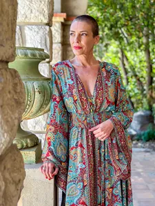 Robe longue bohème vintage à fleurs, élégante, col en V, manches évasées, robe maxi imprimée en soie - Product Image 4