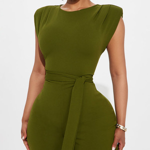 Combinaison sans manches vert olive pour femme, taille haute, avec ceinture, élégante, longueur complète, pour les occasions de fête printemps-été - Product Image 3