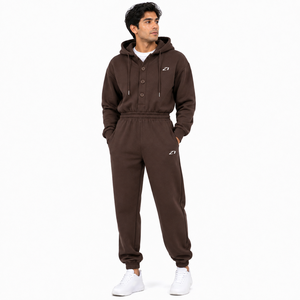 Hot Selling Men's Hooded One Piece Tracksuit <b>Jumpsuit</b> Button Front Top Jogger Pants Relaxed Fit Streetwear Custom Logo Wholesale - Product Image 1