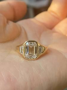 2 Carat <b>Emerald</b> Lab Grown Diamond and Tapered Baguette Diamond Three Stone Bezel Set Ring, IGI Certified - Product Image 2