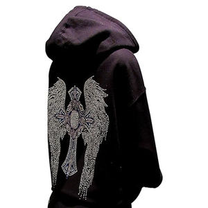 Sweat-shirt à capuche noir pour homme avec imprimé ailes d'ange en strass au dos, décontracté, tricoté, coupe classique, automne - Product Image 2