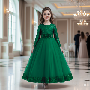 Robe de demoiselle d'honneur verte à sequins la plus vendue pour mariage, robe de soirée de luxe en velours brodé pour enfants, tenue de cérémonie pour événements formels - Product Image 3