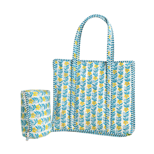 Bolsa de Mano Acolchada de Algodón con Estampado Floral Azul de Jaipur + Set de Bolsa de Aseo, 3 Cierres, Ligera, Ecológica, Plegable, Hecha a Mano - Product Image 1