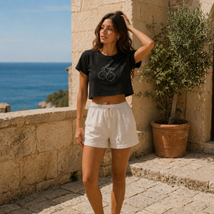 T-shirt court pour femme 100% coton jersey col rond manches courtes imprimé décontracté été ensemble short blanc - Product Image 1