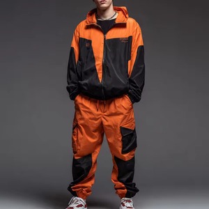 Men's Orange Black Color Blocking Hooded <b>Tracksuit</b> Set Full Sleeve Zipper Loose Fit Streetwear Autumn Windproof Midweight - Product Image 6