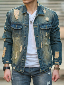 Men's Distressed <b>Denim</b> <b>Jacket</b> Casual Slim Fit <b>Lightweight</b> Stonewashed Cotton <b>Jacket</b> Streetwear Style Men's <b>Jacket</b> - Product Image 4