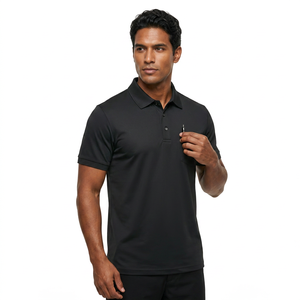 Polo à manches courtes pour homme, noir, 100% polyester, tricoté, respirant, couleur unie, coupe classique, boutons - Product Image 4