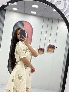 Elegant Look Pure Cotton with Thread-Embroidery Elephant-Motif Scattered <b>work</b> & Tie-<b>Belt</b> & Collar-Neck Frock Woman Fashion - Product Image 6