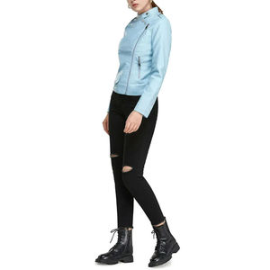 <b>Light</b> Blue PU Leather Moto <b>Jacket</b> Women Stand Collar Full Sleeve Zipper Closure Solid Color Autumn Style - Product Image 2