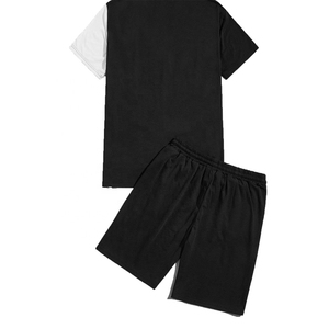 Men's Summer Casual 2-Piece <b>Set</b> Color Blocking T-Shirt Black Red Shorts Breathable <b>Knitted</b> Cotton Crew Neck Sport Wear - Product Image 4