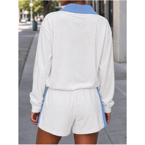 Ensemble deux pièces décontracté d'été pour femme : pull à manches longues et demi-zip color block et short assorti - Product Image 3