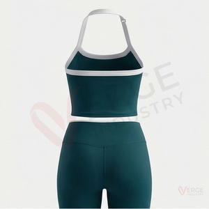 Ensemble 2 pièces de yoga pour femme, bleu marine côtelé, composé d'un crop top à manches longues et d'un short taille haute, avec décolleté carré et bretelles spaghetti - Product Image 2