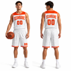 Ensemble d'uniformes de basketball unisexe personnalisables blanc et orange, imprimés par sublimation, en polyester respirant, comprenant short et débardeur - Product Image 4
