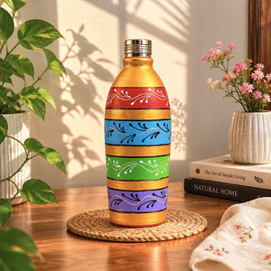 Bouteille en argile peinte à la main de 1 litre avec bouchon en acier inoxydable, bouteille d'eau en terre cuite faite à la main, bouteille décorative en terre cuite pour la maison - Product Image 1